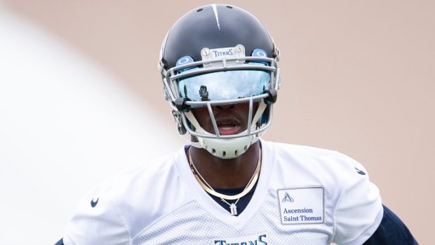 Tennessee Titans wide receiver Julio Jones (2) rests between drills during practice at Saint Thomas Sports Park Thursday, June 10, 2021 in Nashville, Tenn.